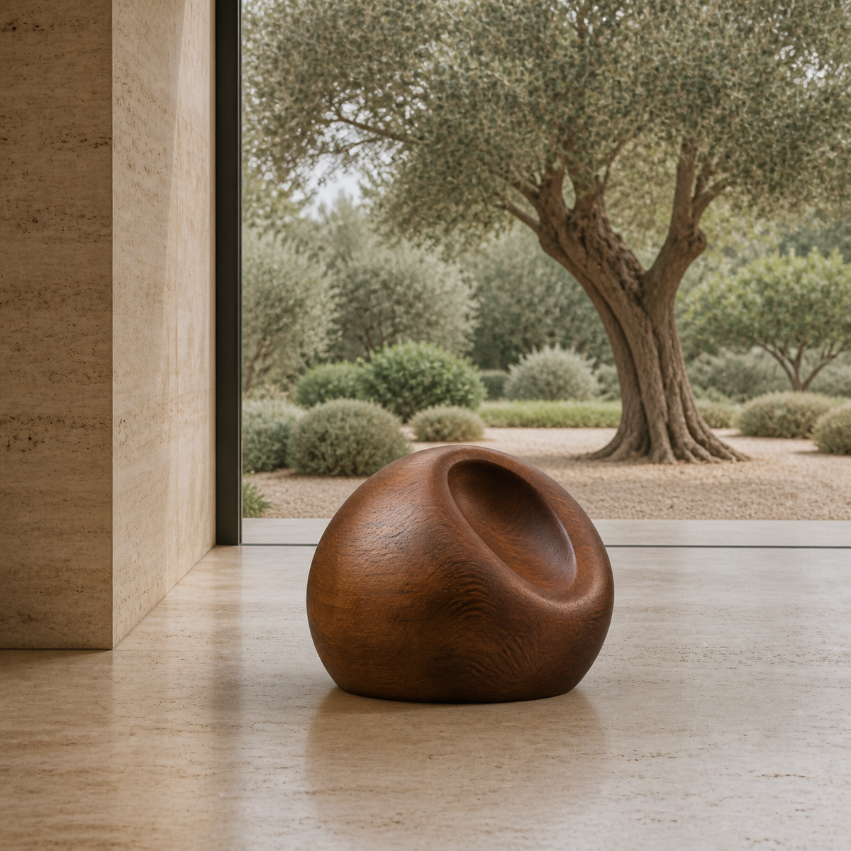 Tension Vessel, abstract teak wood sculpture — interior view