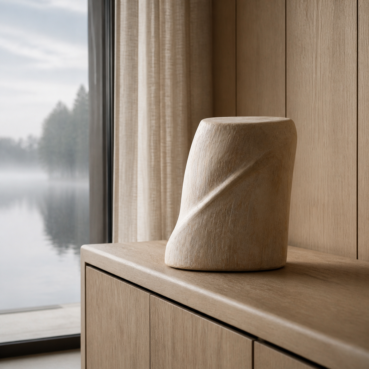 Balance Fold, abstract teak wood sculpture — interior view