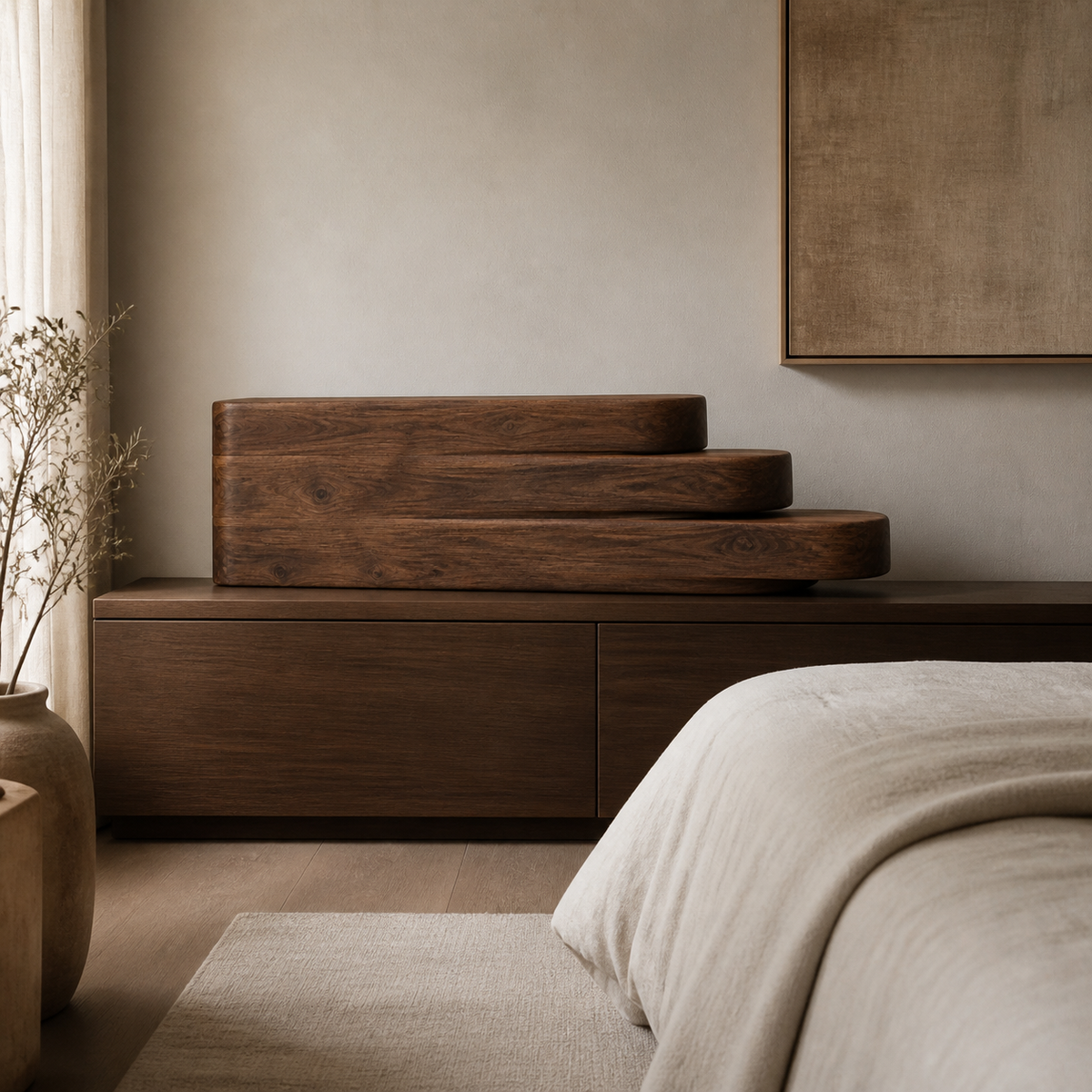 Layered Reach, teak wood console sculpture — interior view
