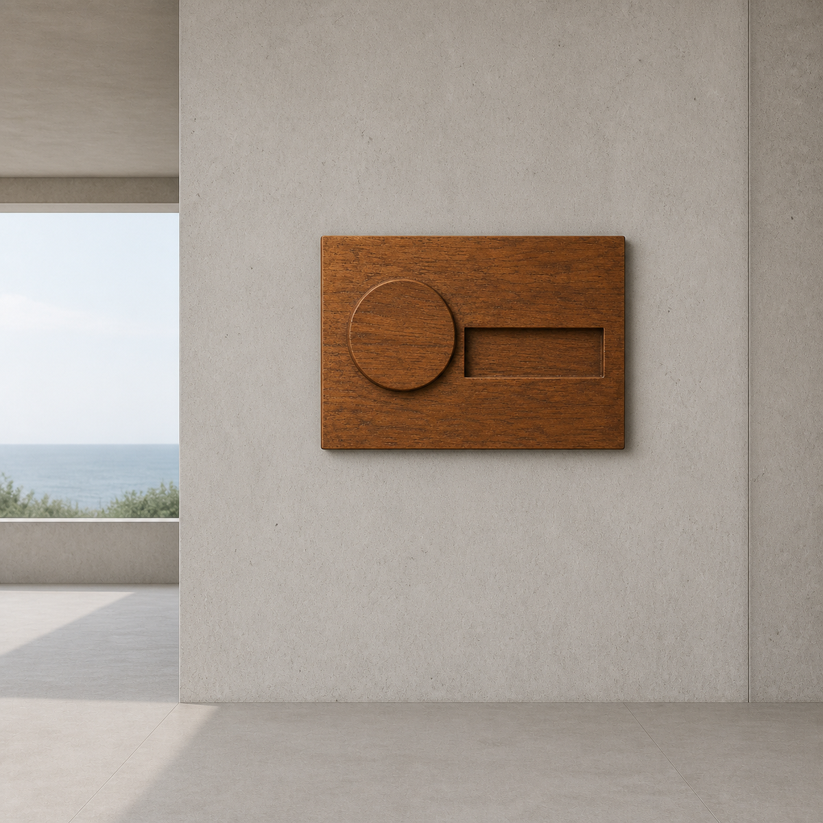 Counterweight Relief, carved teak wood wall art — interior view