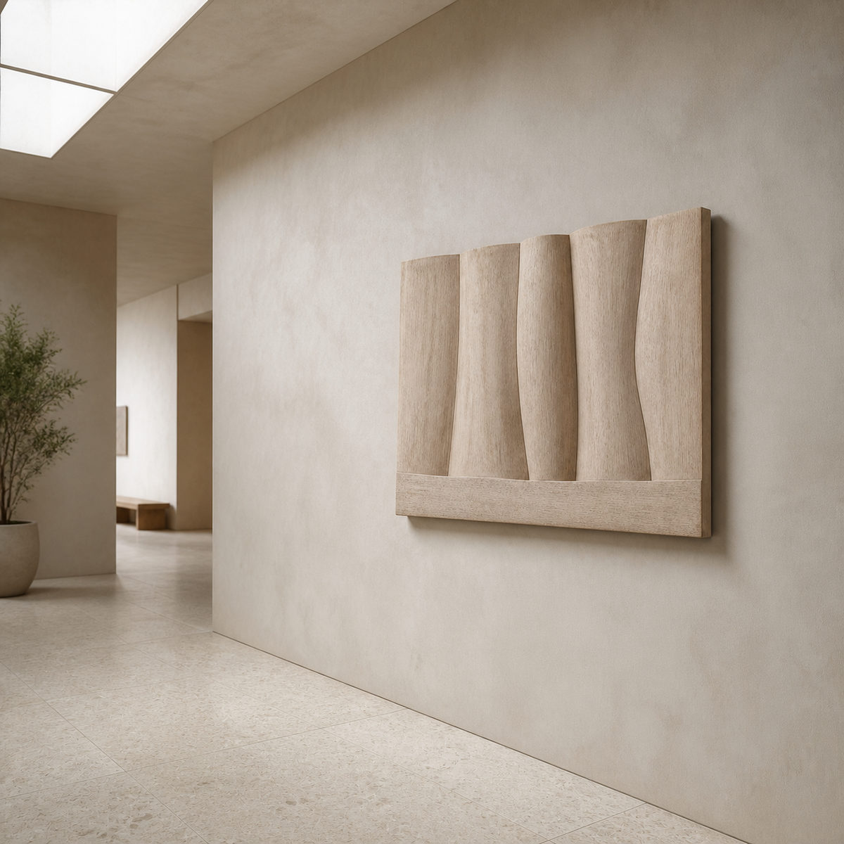 Dune Ledger Relief, carved teak wood wall art — interior view