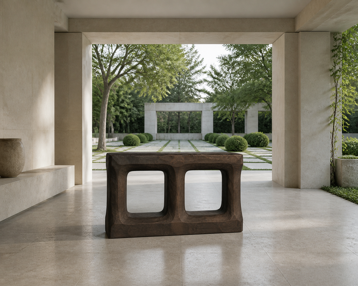Stacked Threshold, teak wood console sculpture — interior view