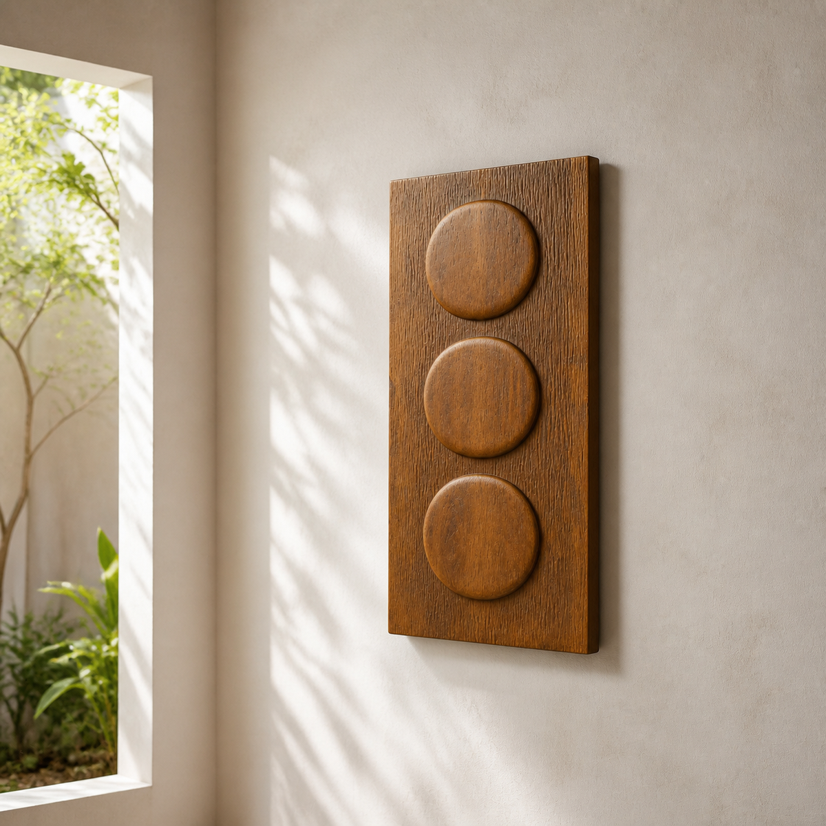 Stacked Halo Relief, carved teak wood wall art — interior view