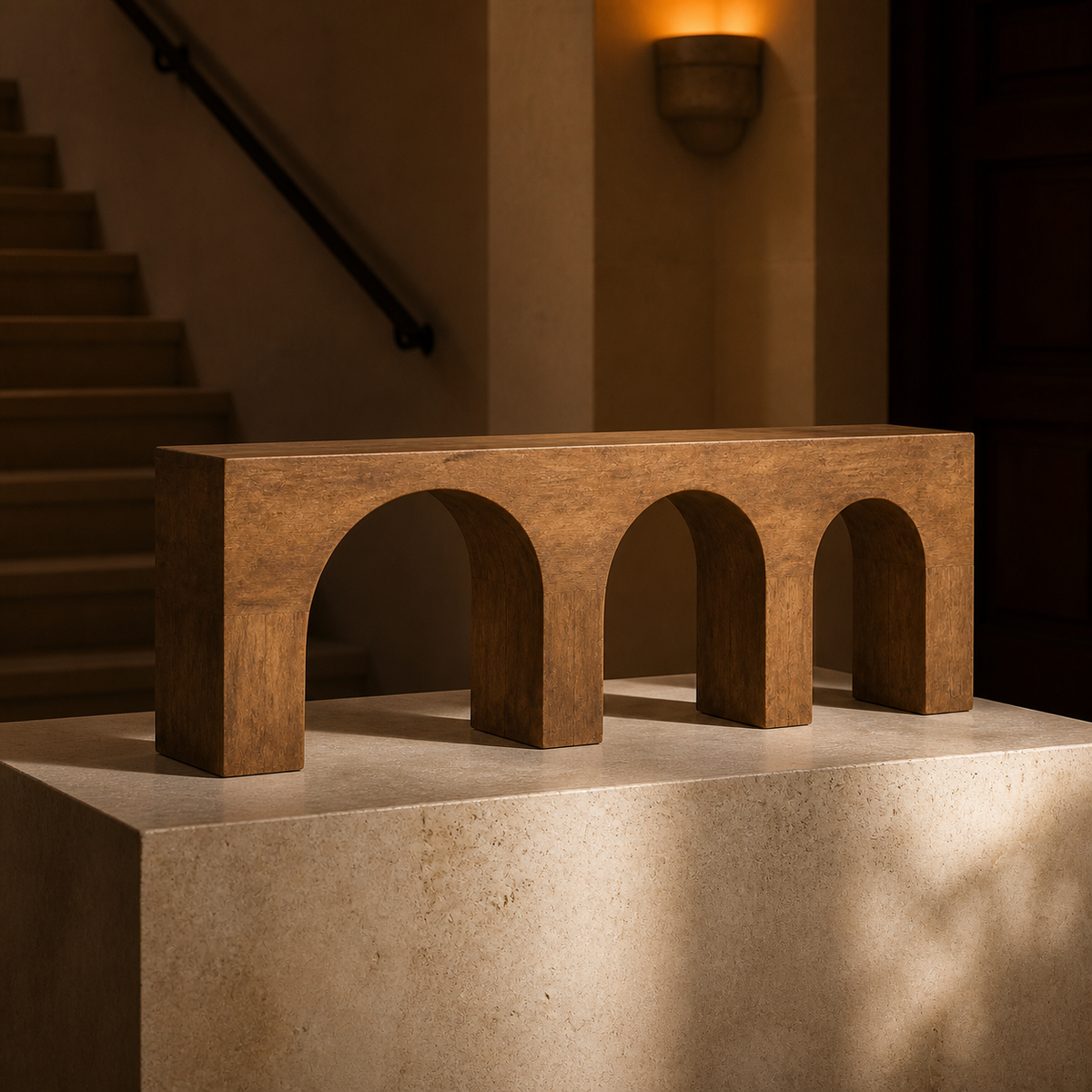 Triple Vault, teak wood console sculpture — interior view
