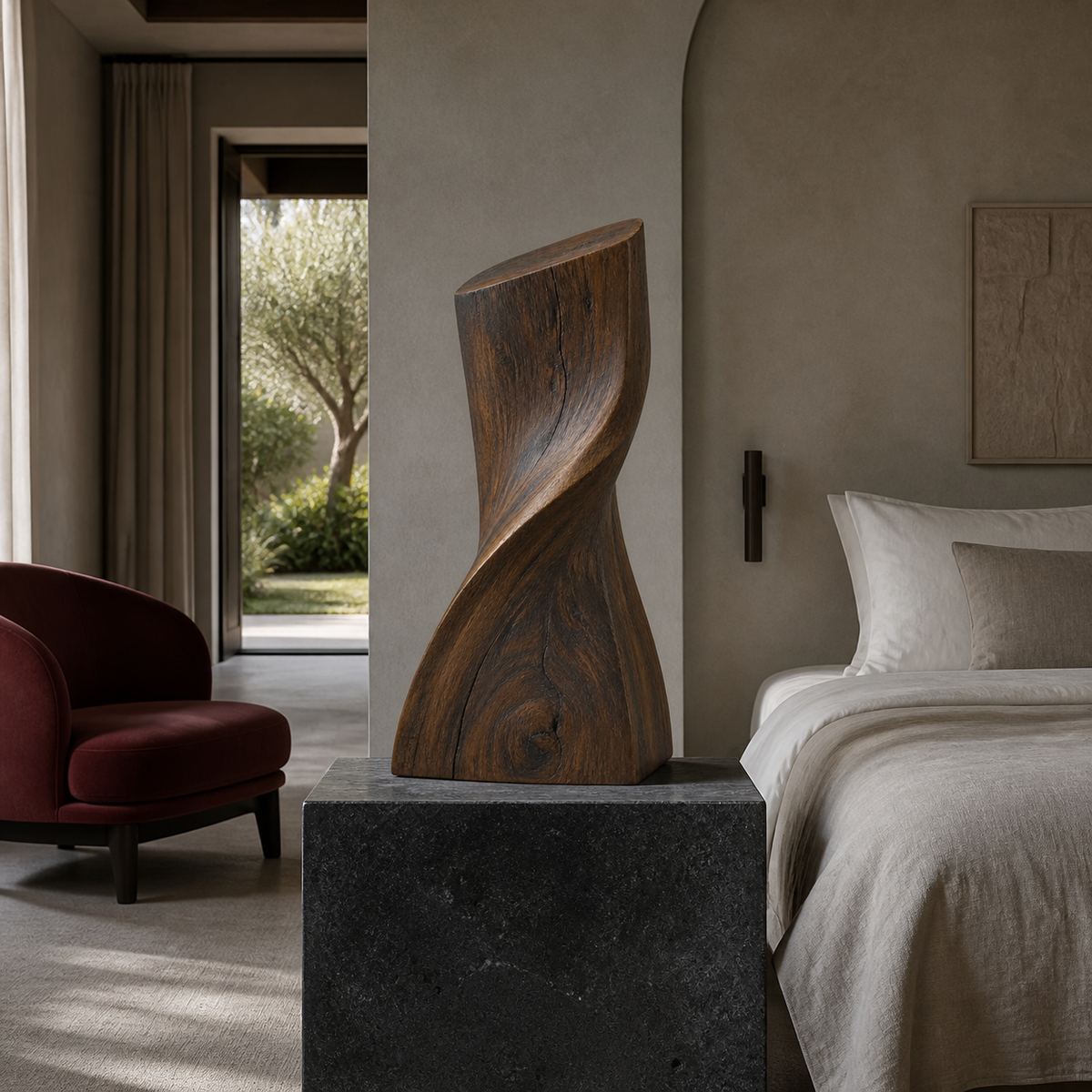 Quiet Torque, abstract teak wood sculpture — interior view