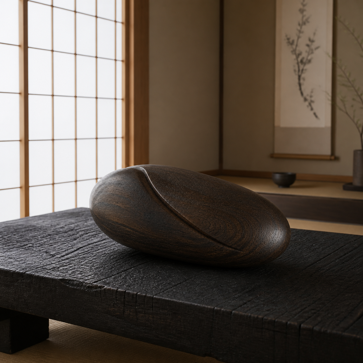 River Stone Study, teak wood tabletop sculpture — interior view