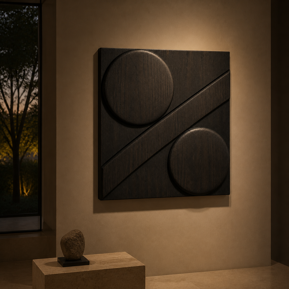 Eclipse Cut Relief, carved teak wood wall art — interior view