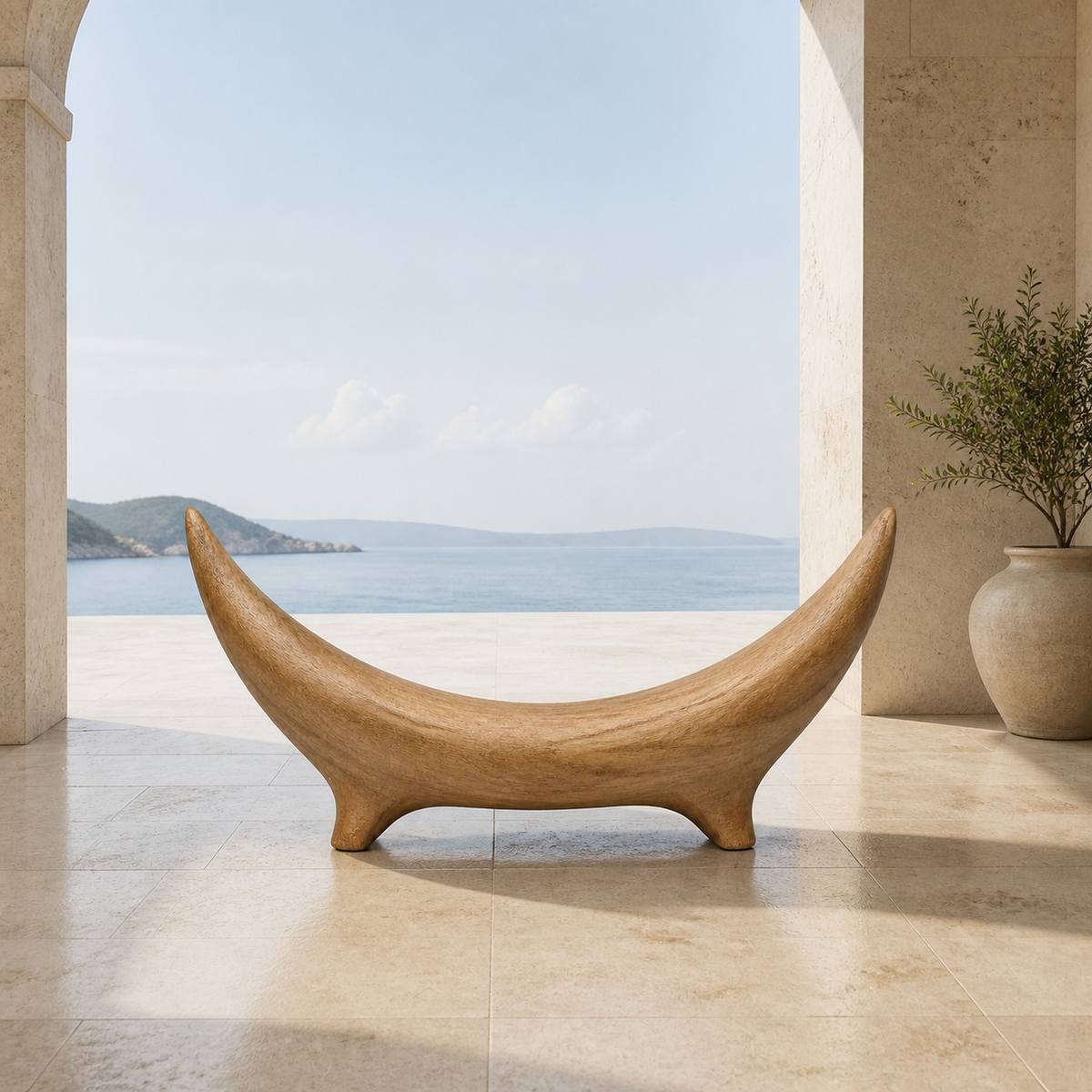 Bridged Crescent, teak wood console sculpture — interior view