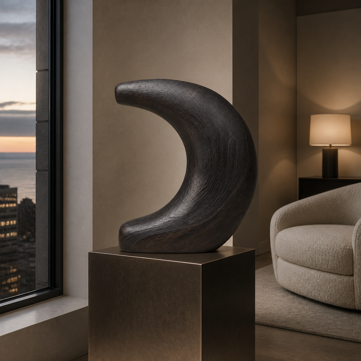 Cantilever Moon, abstract teak wood sculpture — interior view