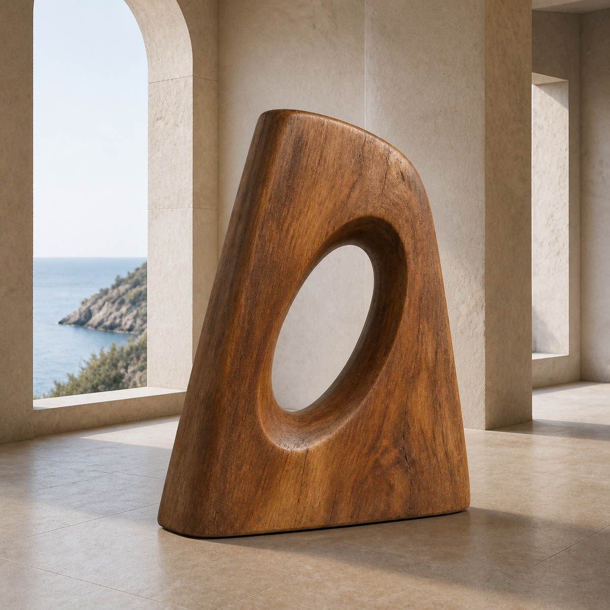 Inclined Aperture, teak wood floor sculpture — interior view