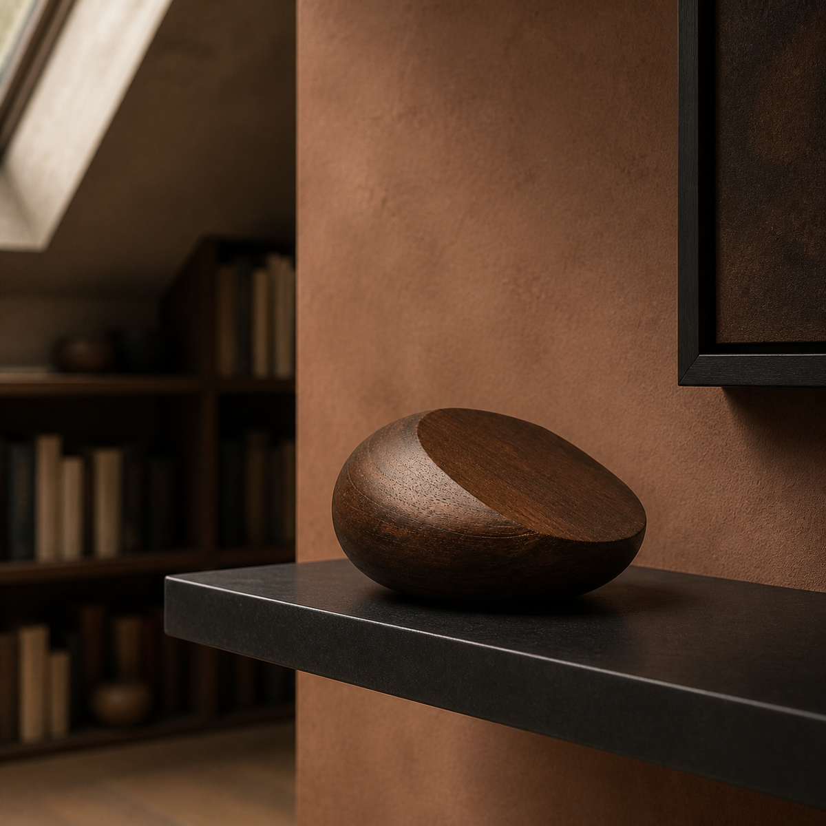 Oblique Stone, teak wood tabletop sculpture — interior view