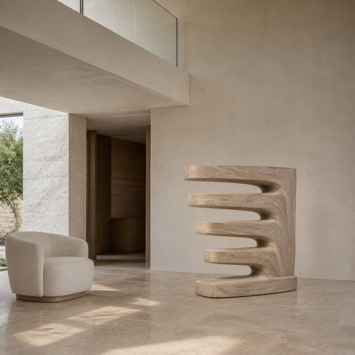 Descending Strata, teak wood floor sculpture — interior view