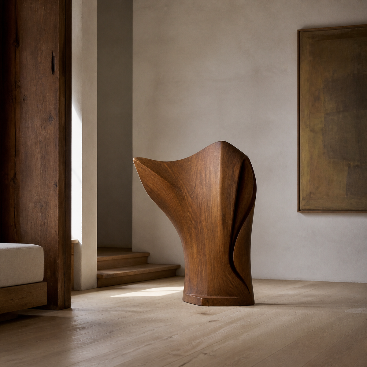 Compression Wing, teak wood floor sculpture — interior view