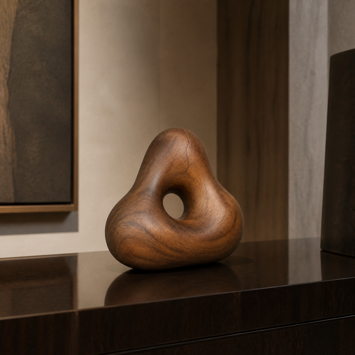 Knotted Aperture, teak wood tabletop sculpture — interior view
