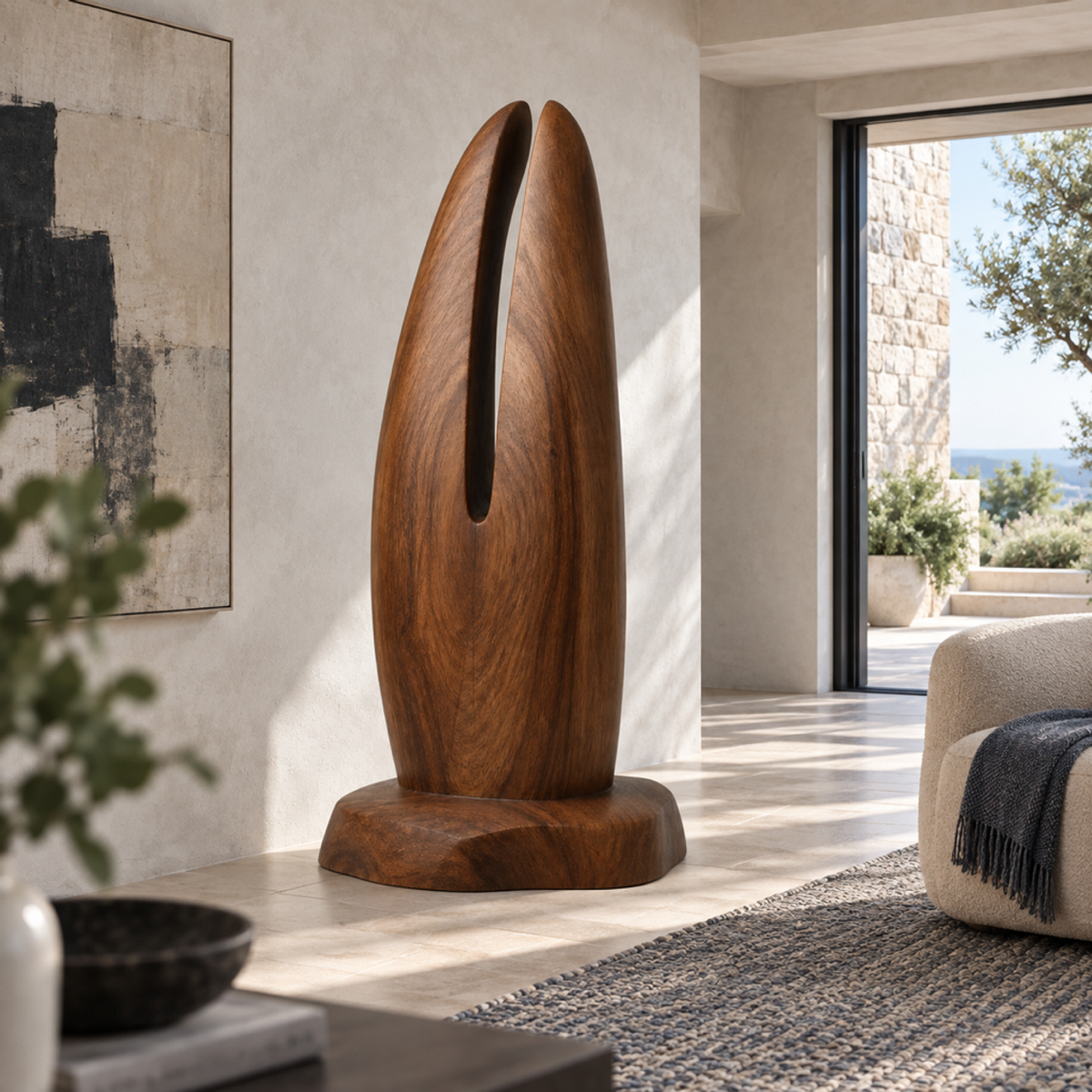 Split Pinnacle, teak wood floor sculpture — interior view