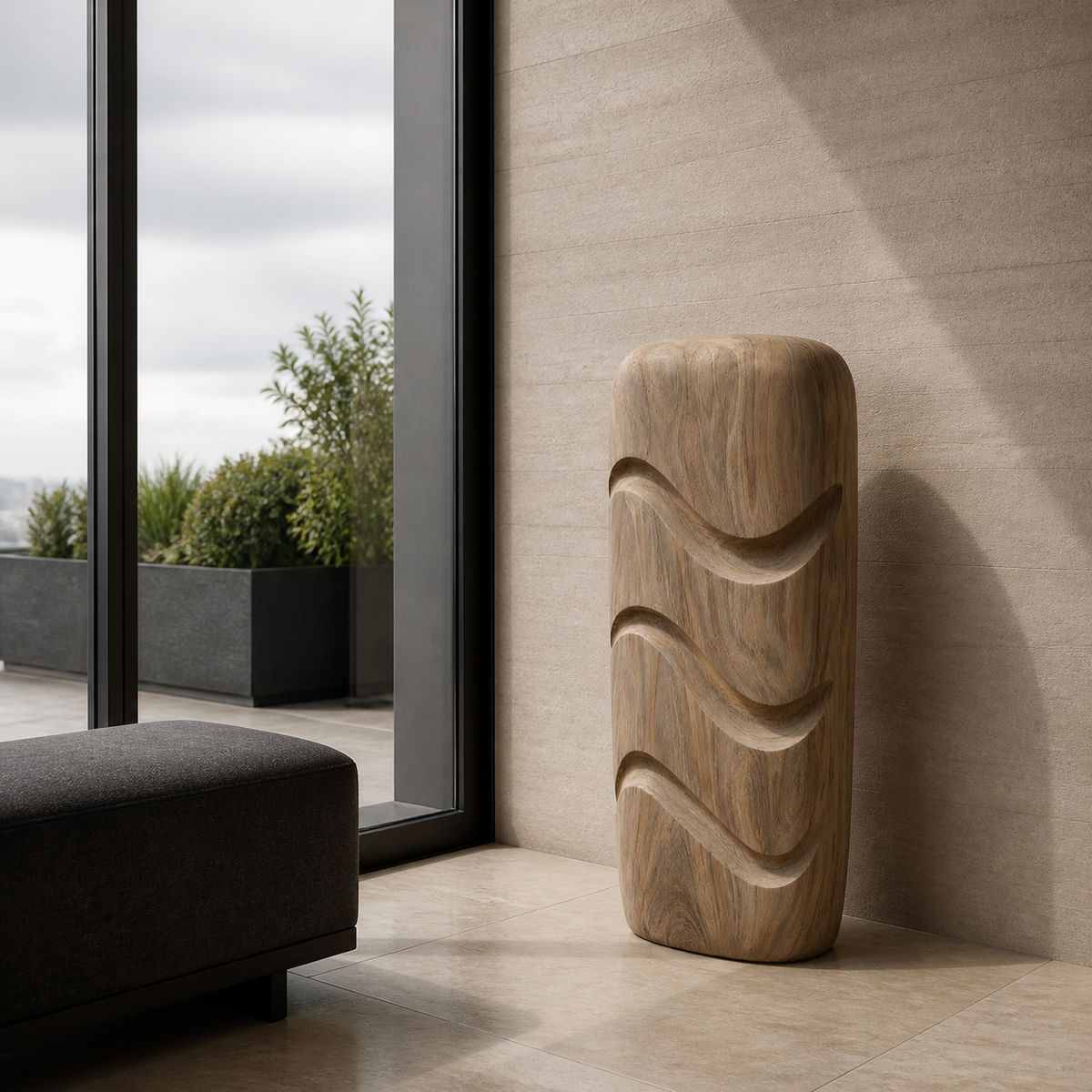 Tidal Column, teak wood floor sculpture — interior view