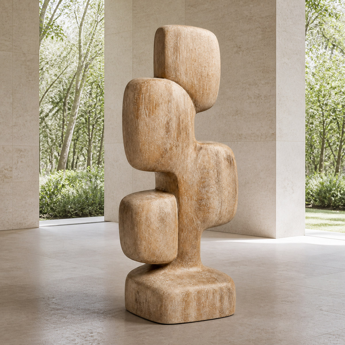 Cairn Spine, teak wood floor sculpture — interior view