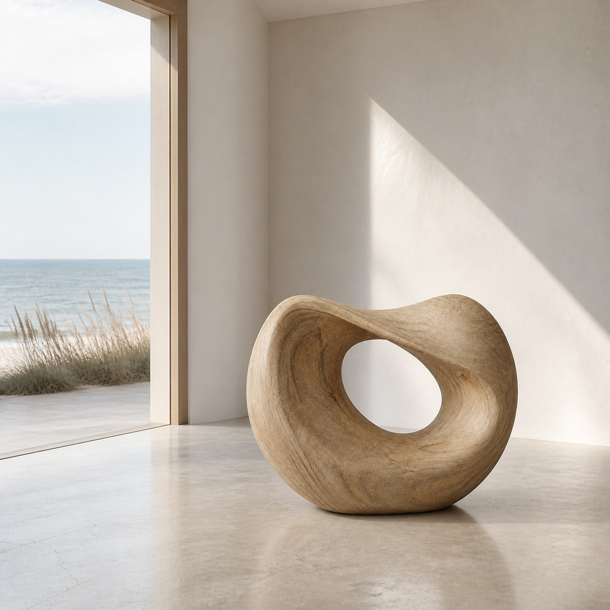 Folded Orbit, abstract teak wood sculpture — interior view