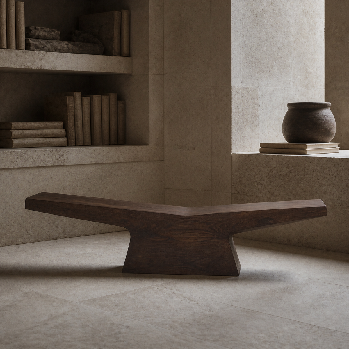 Pivot Lintel, teak wood console sculpture — interior view