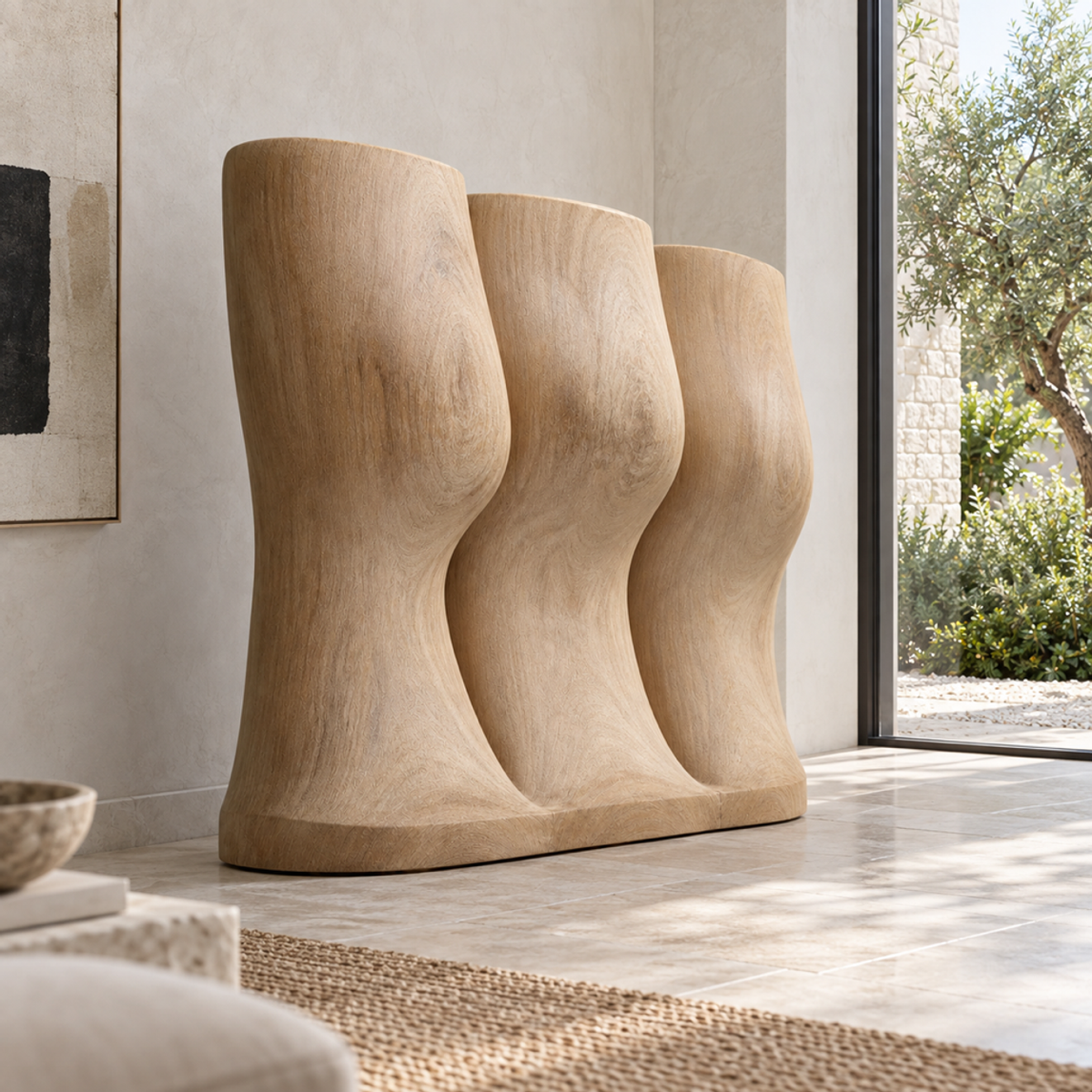 Lateral Drift, teak wood floor sculpture — interior view