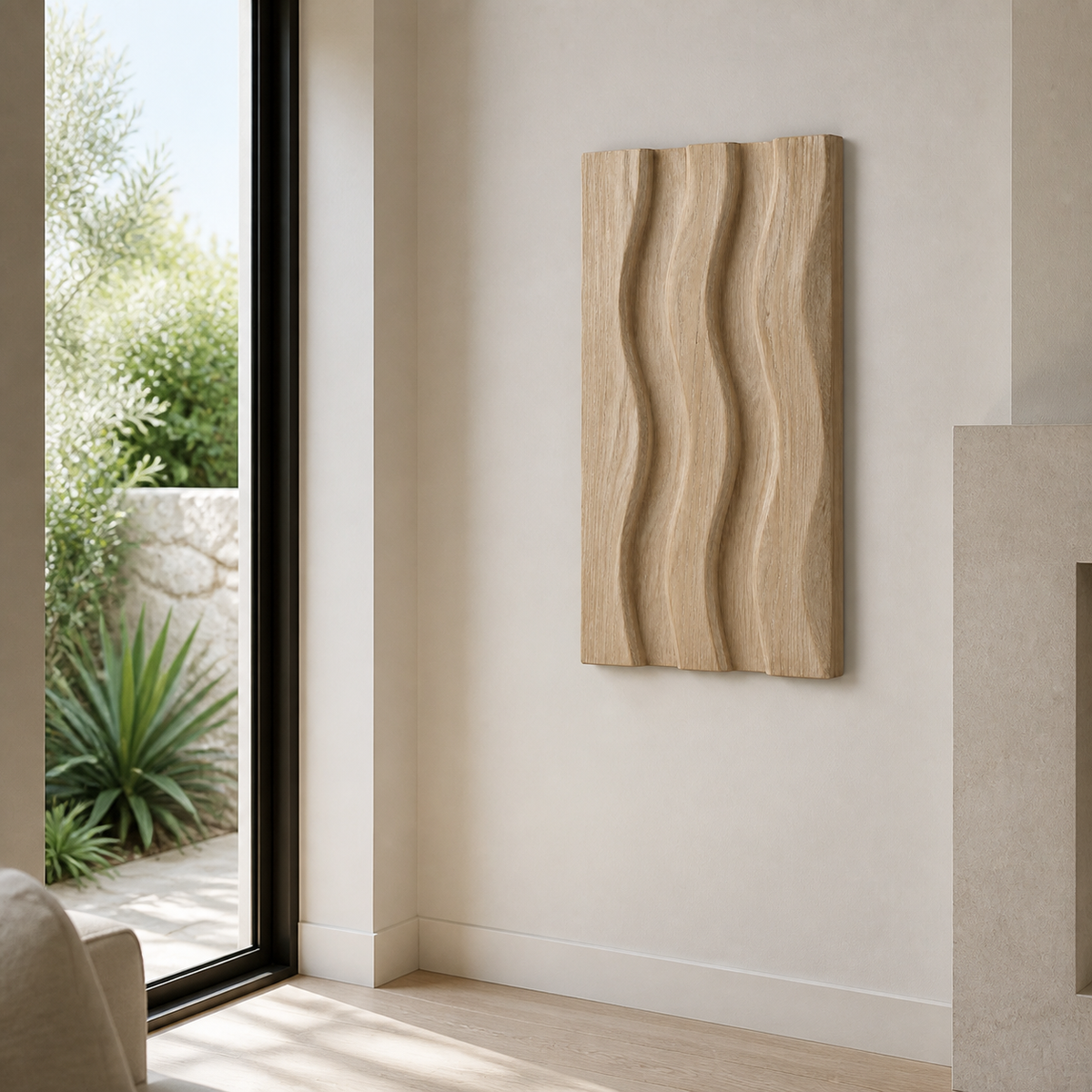 Vertical Tide Relief, carved teak wood wall art — interior view