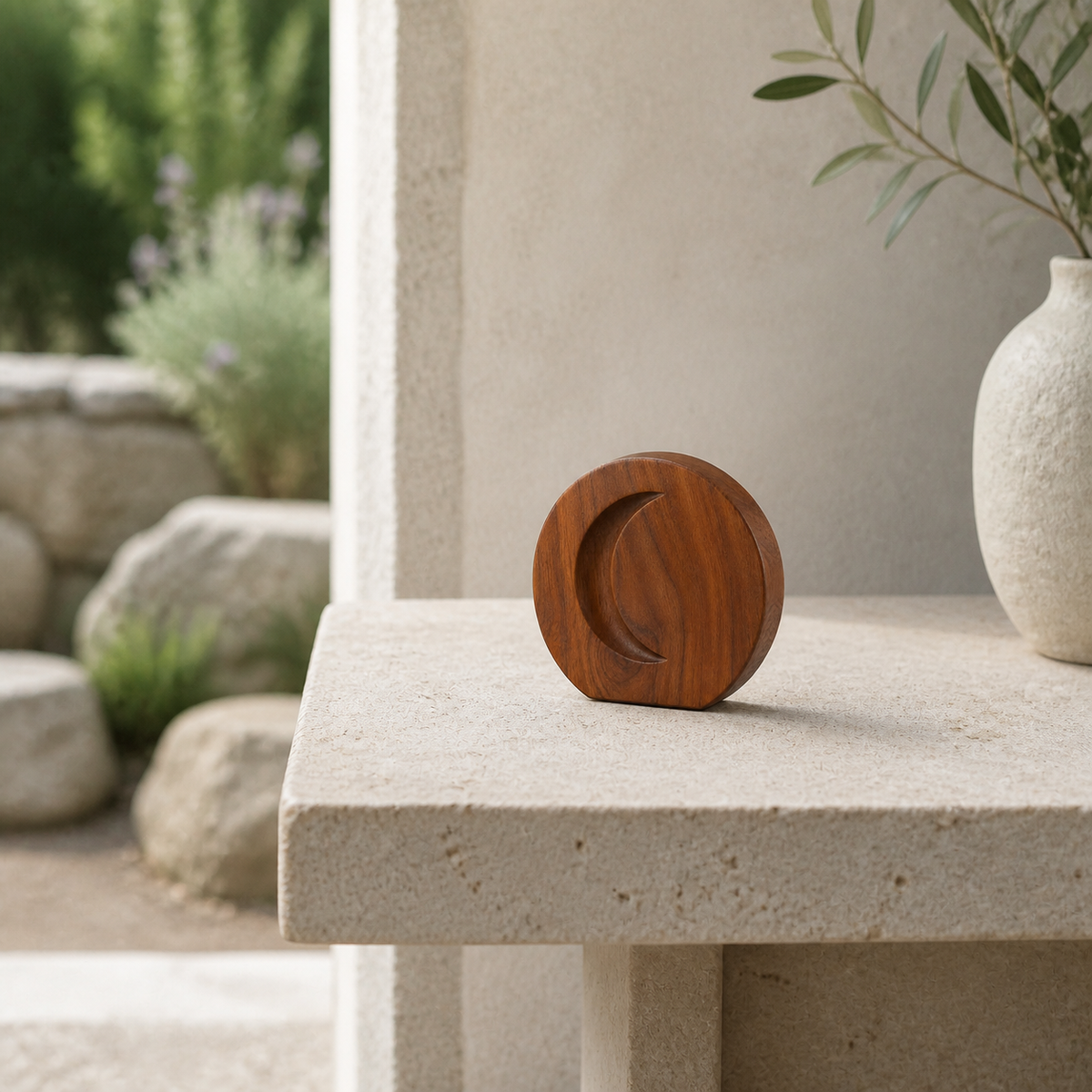 Crescent Token, teak wood tabletop sculpture — interior view