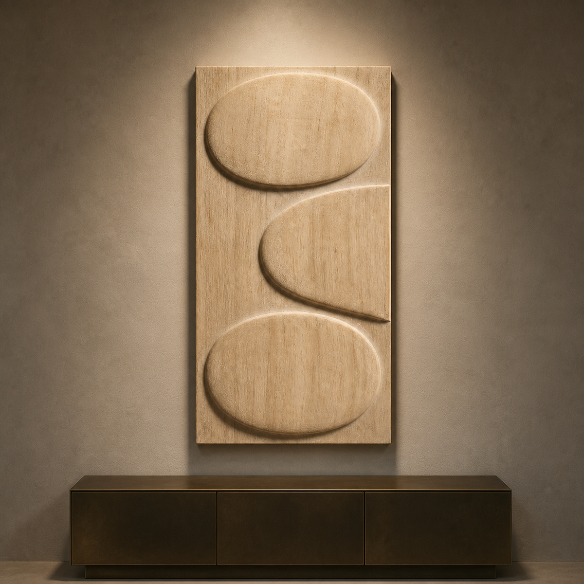 Orbit Stack Relief, carved teak wood wall art — interior view