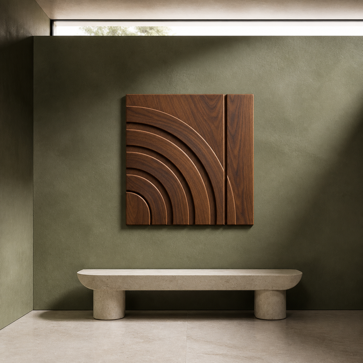 Solar Rift Relief, carved teak wood wall art — interior view