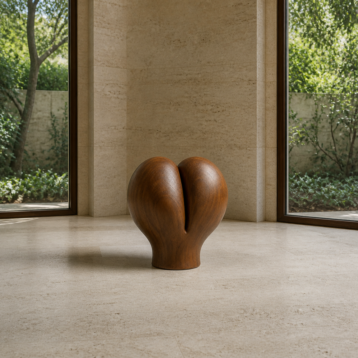 Split Bloom, abstract teak wood sculpture — interior view