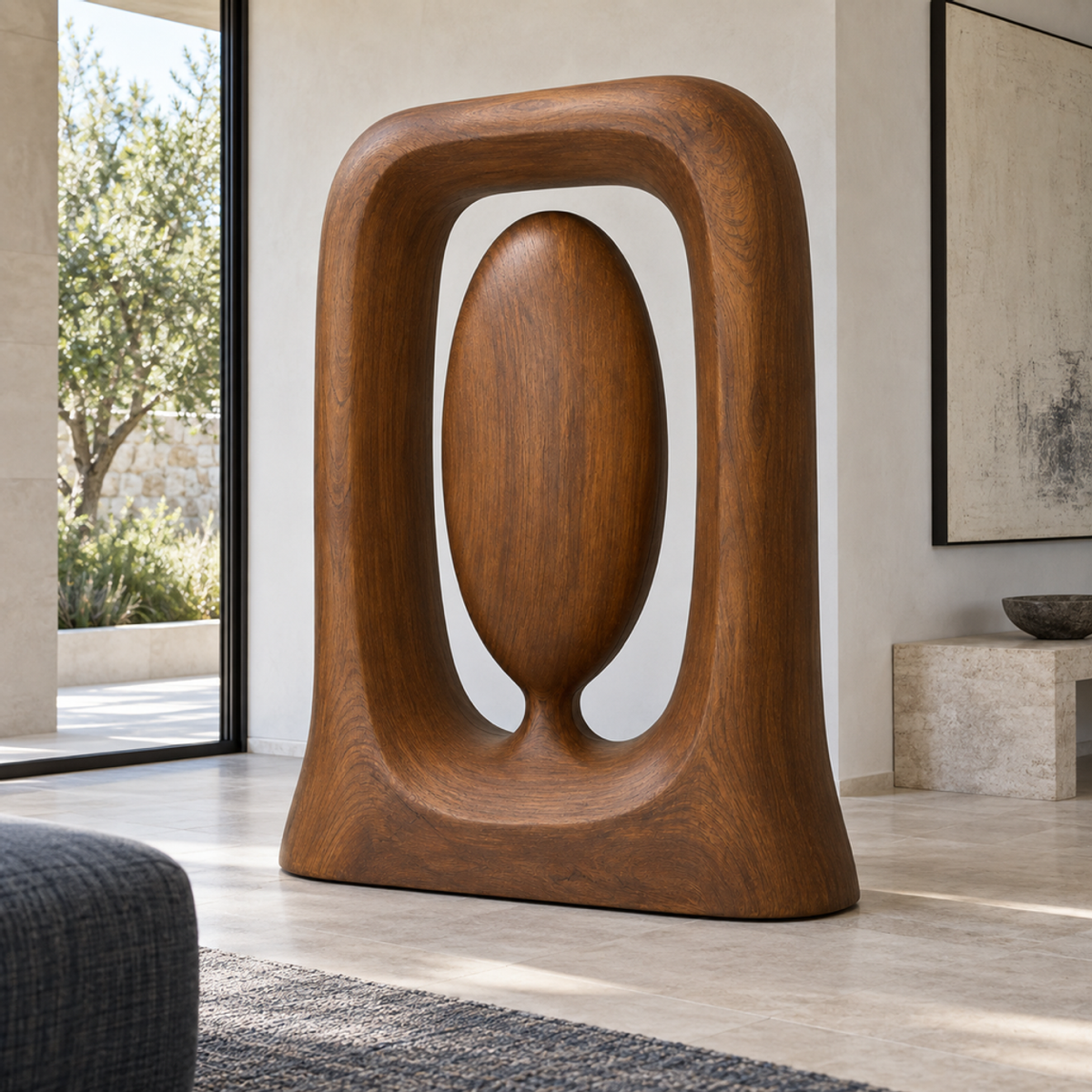 Suspended Core, teak wood floor sculpture — interior view