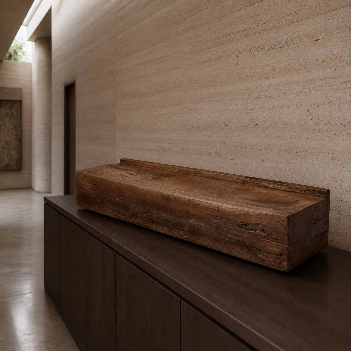 Silt Ledge, teak wood console sculpture — interior view