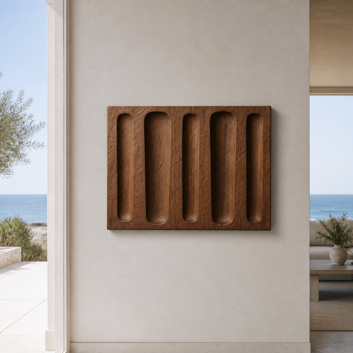 Groove Rhythm Relief, carved teak wood wall art — interior view