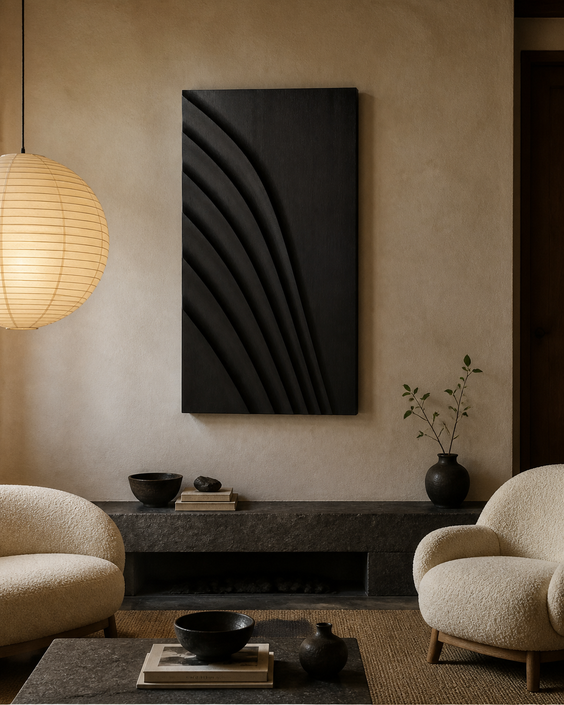 Rain Shadow Relief, carved teak wood wall art — interior view