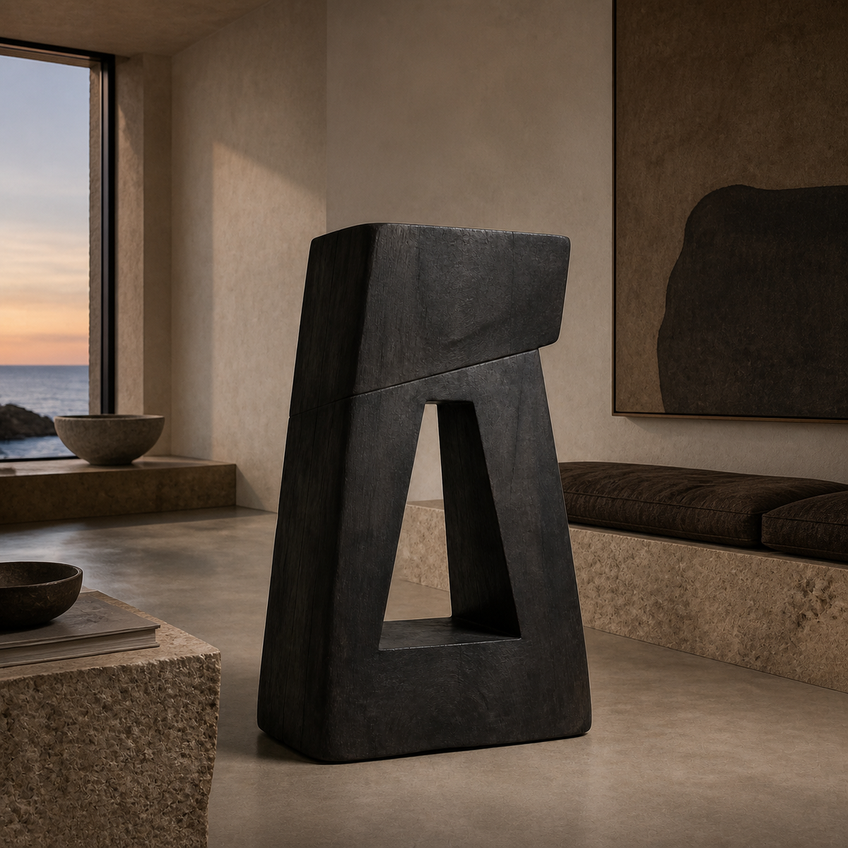 Sheared Portal, teak wood floor sculpture — interior view