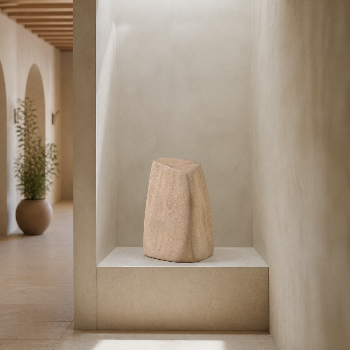 Soft Quoin, abstract teak wood sculpture — interior view