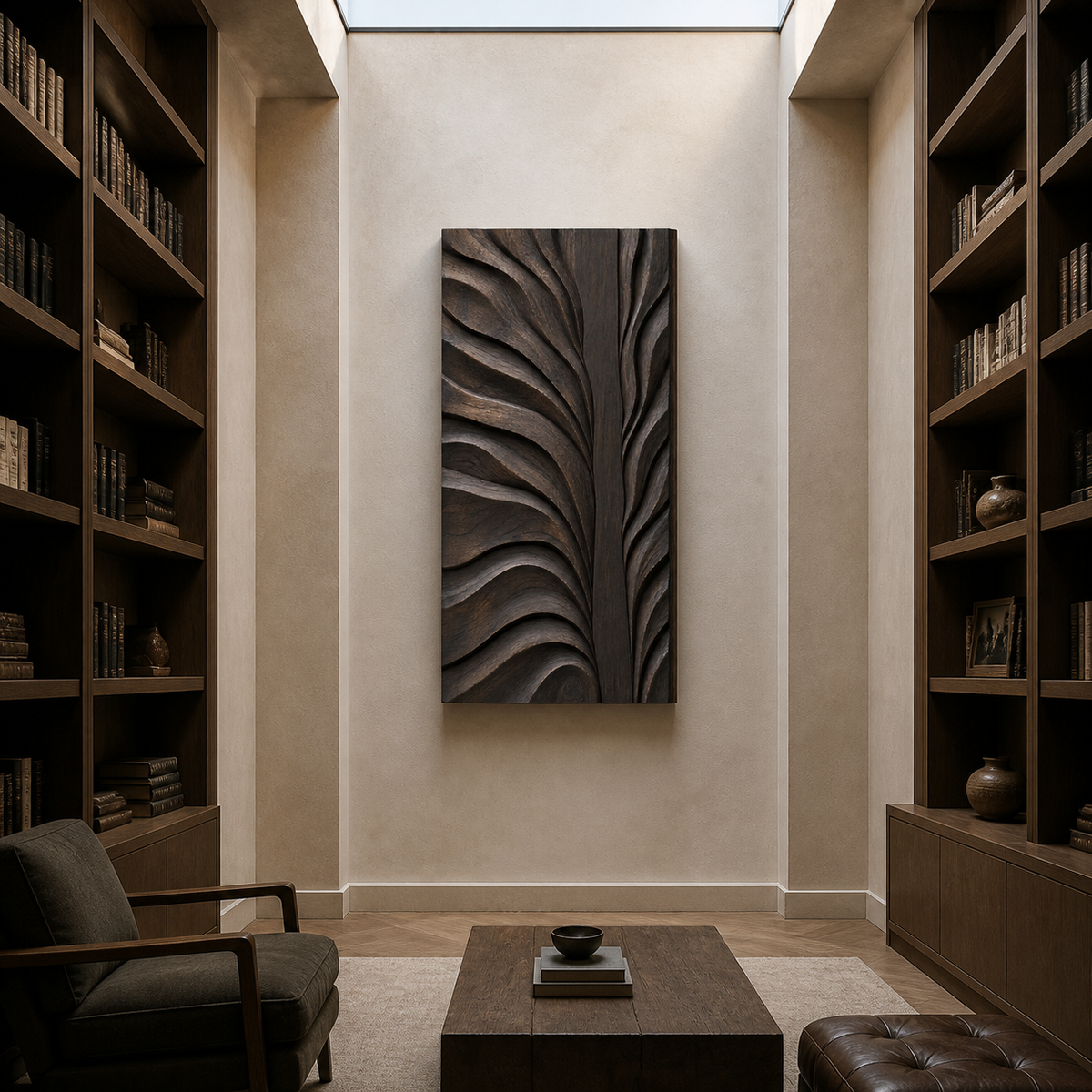 Confluence Relief, carved teak wood wall art — interior view