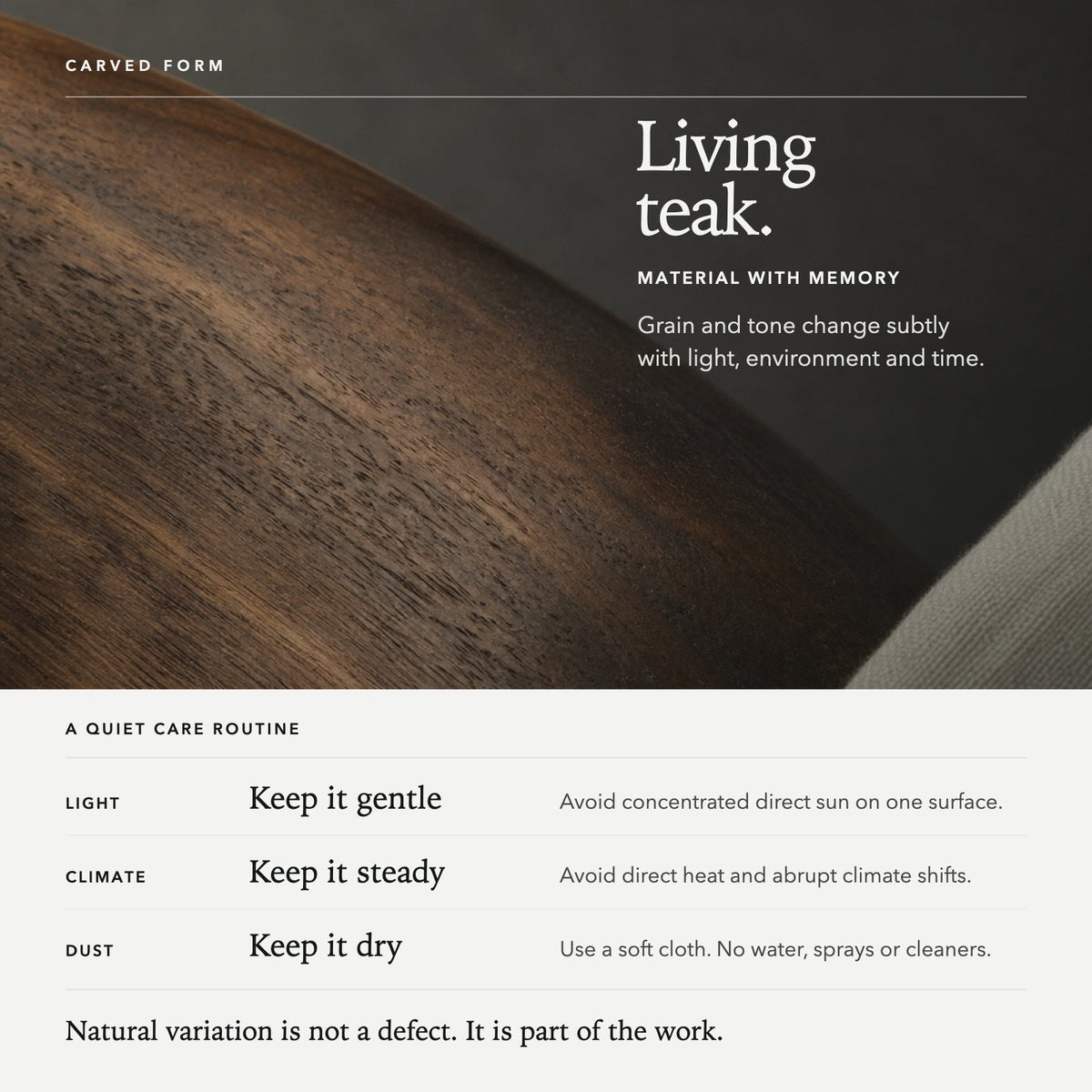 CARVED FORM — living with teak and care guide