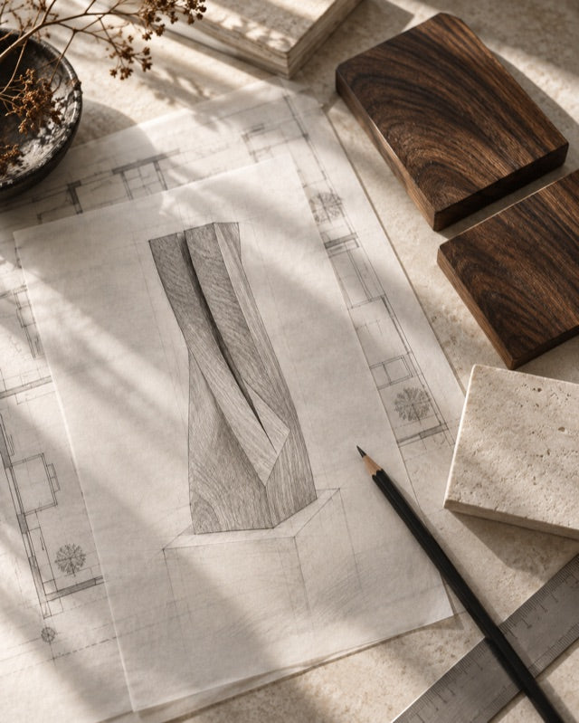 Illustrative design study with sculpture sketches and material samples.