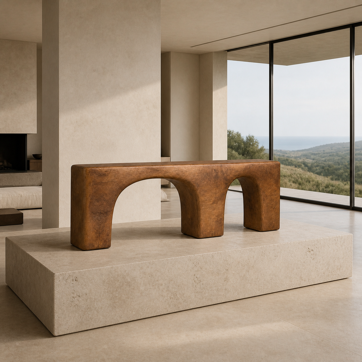 Double Span, teak wood console sculpture — interior view