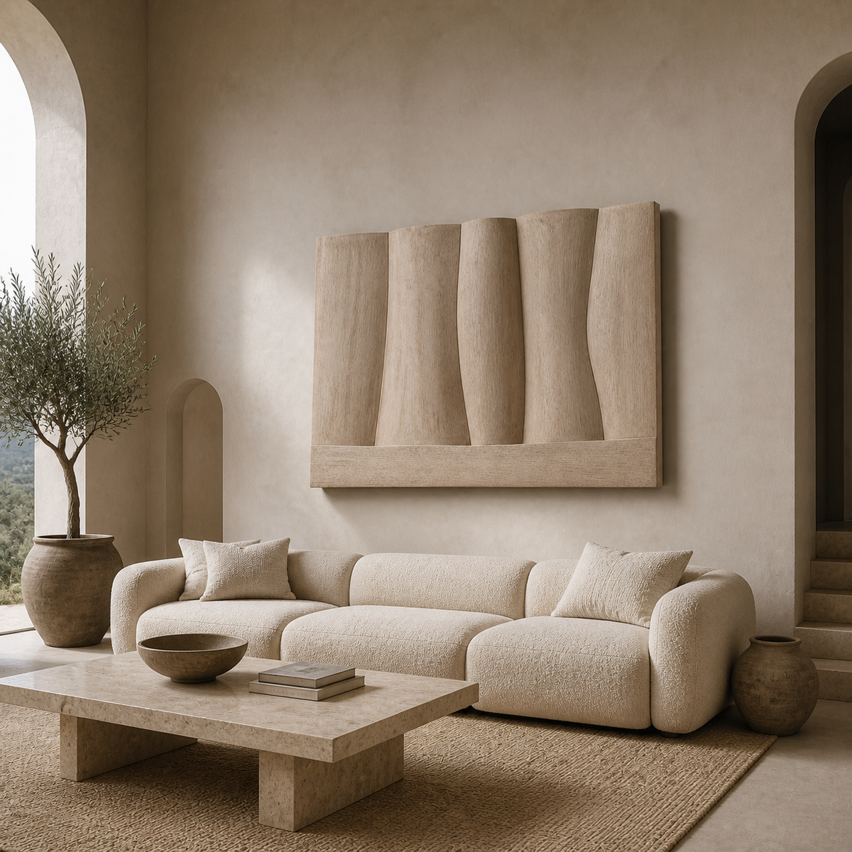 Dune Ledger Relief, carved teak wood wall art — interior view