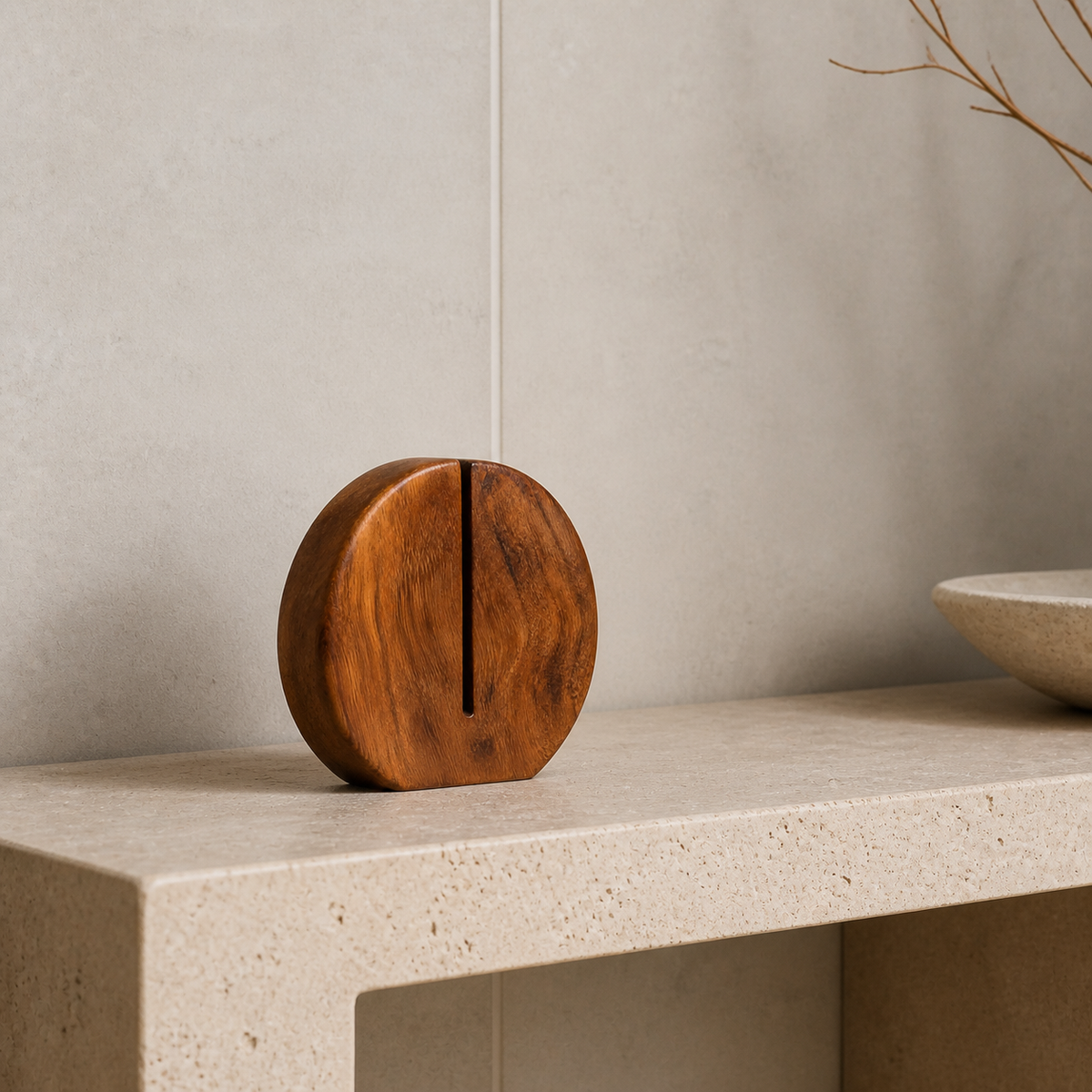 Split Disc Study, teak wood tabletop sculpture — interior view