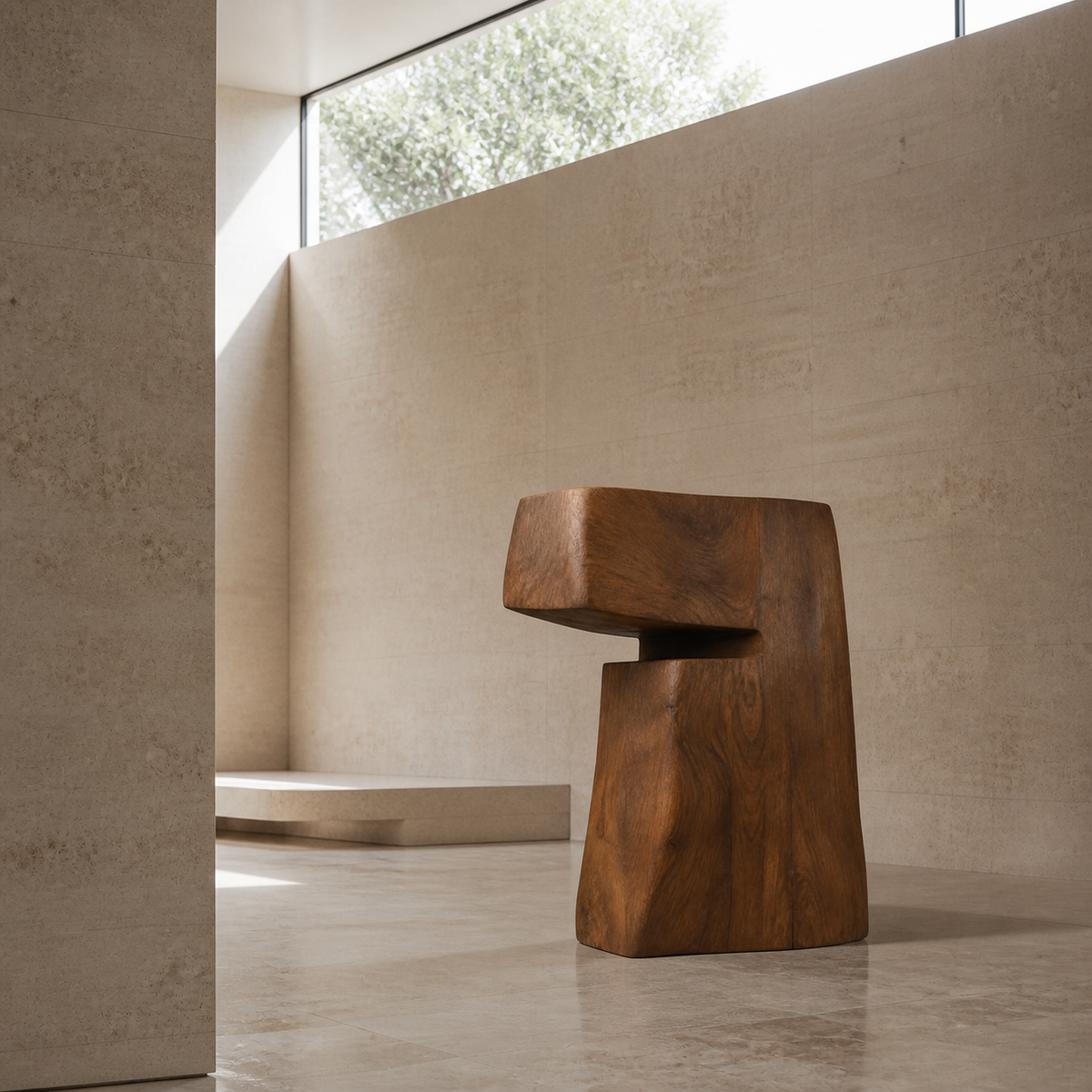 Overhang Monolith, teak wood floor sculpture — interior view