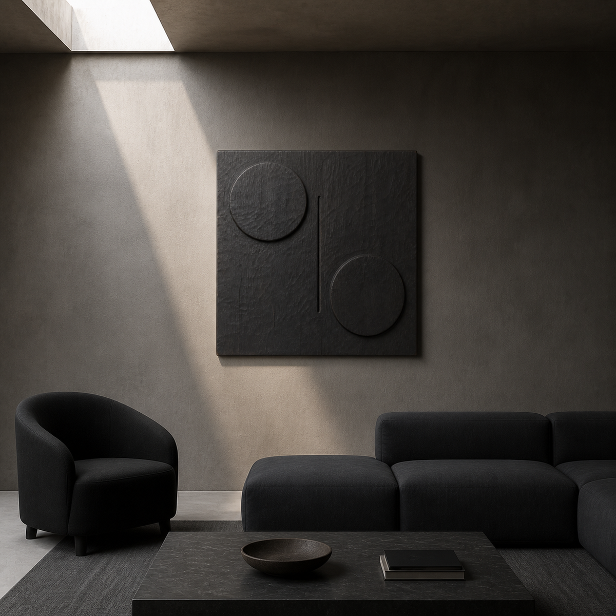 Twin Eclipse Relief, carved teak wood wall art — interior view