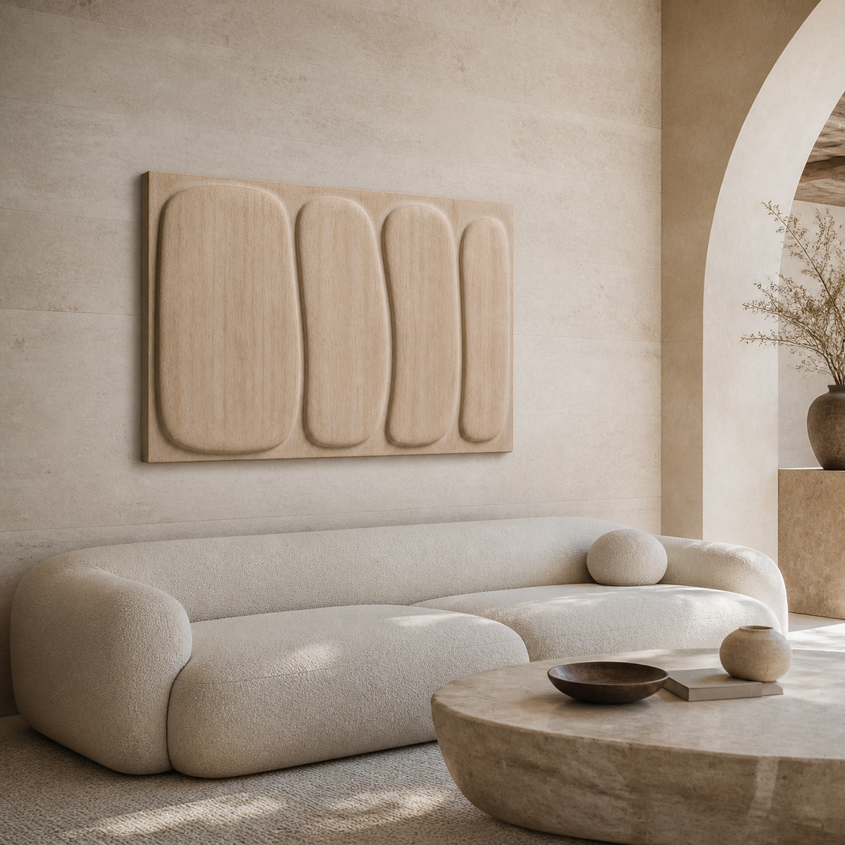 Compression Field Relief, carved teak wood wall art — interior view