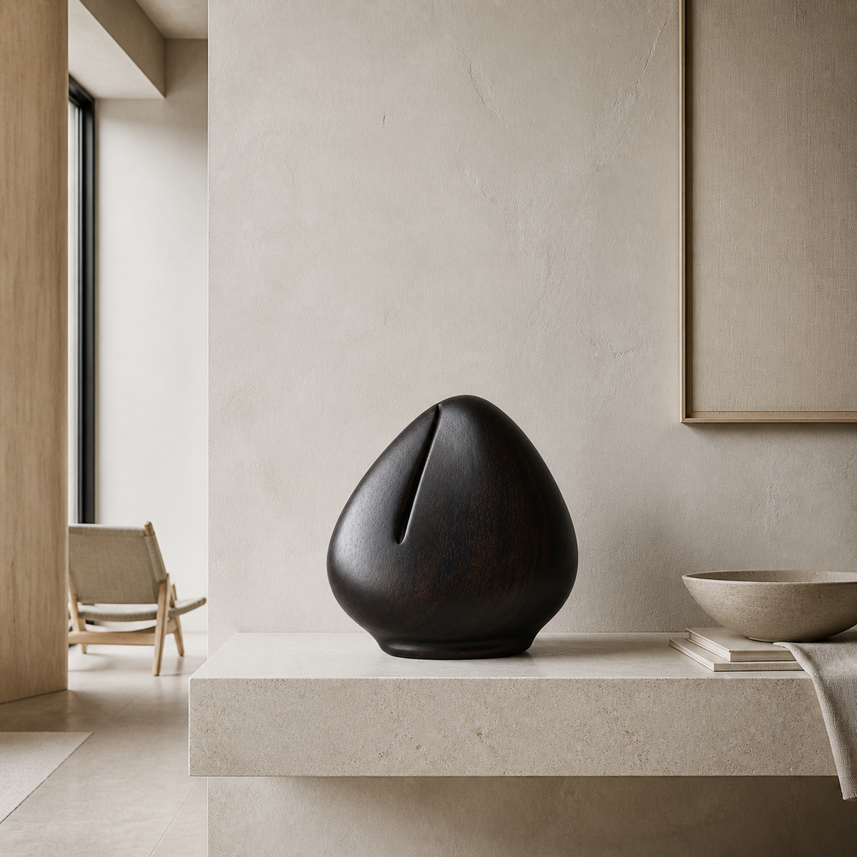 Tension Kernel, teak wood tabletop sculpture — interior view