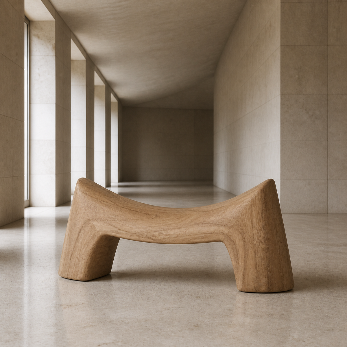 Arc Beam, teak wood console sculpture — interior view