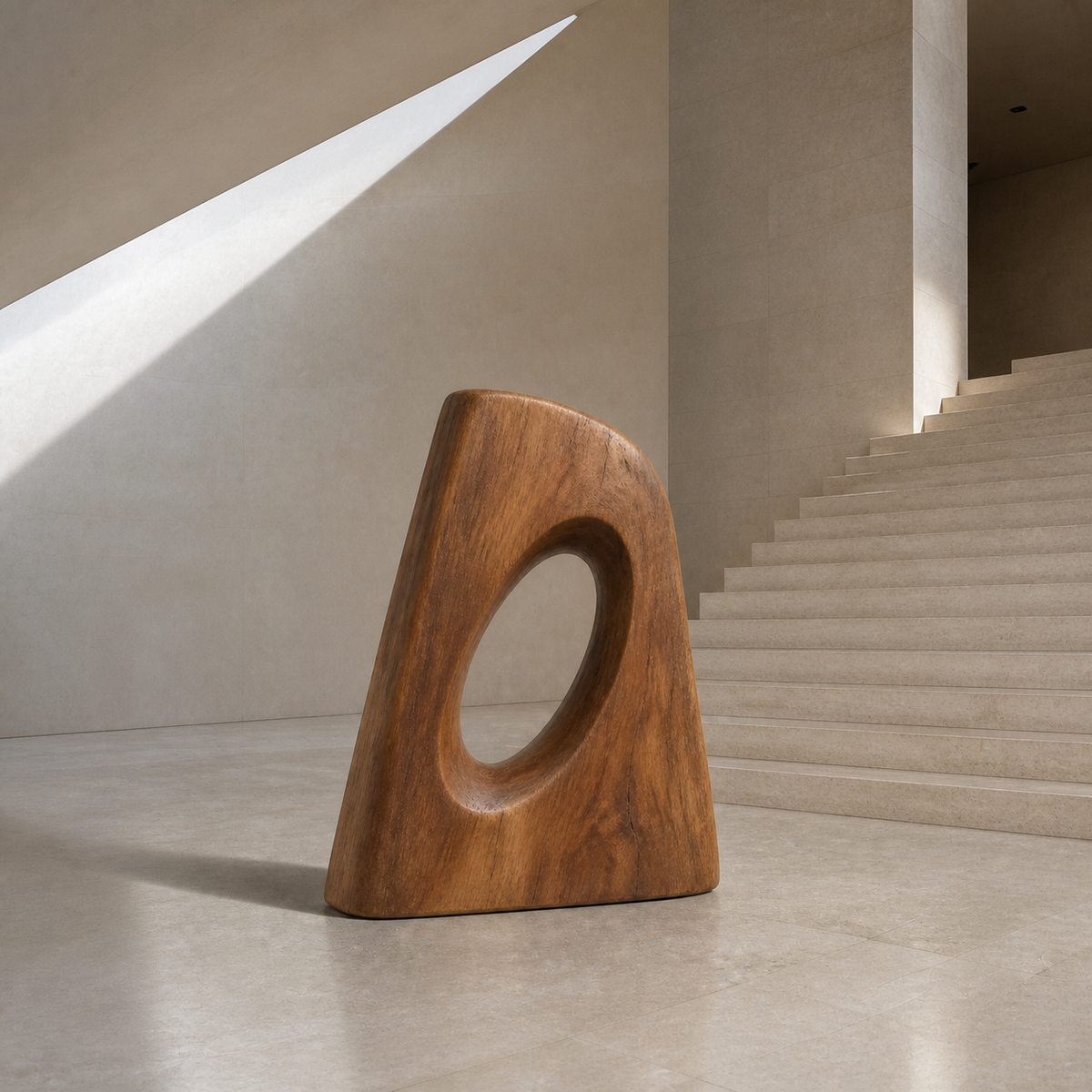 Inclined Aperture, teak wood floor sculpture — interior view