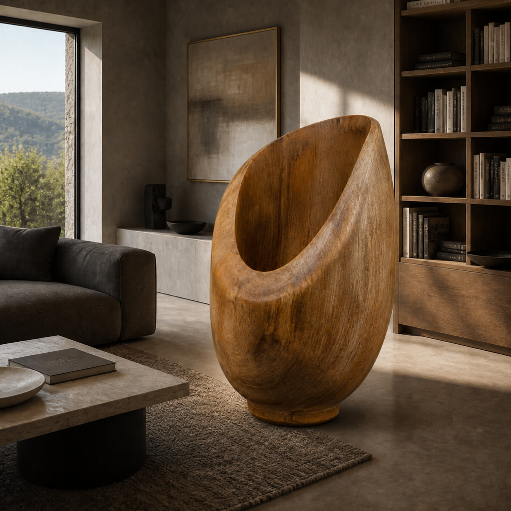 Lumen Plinth, abstract teak wood sculpture — interior view
