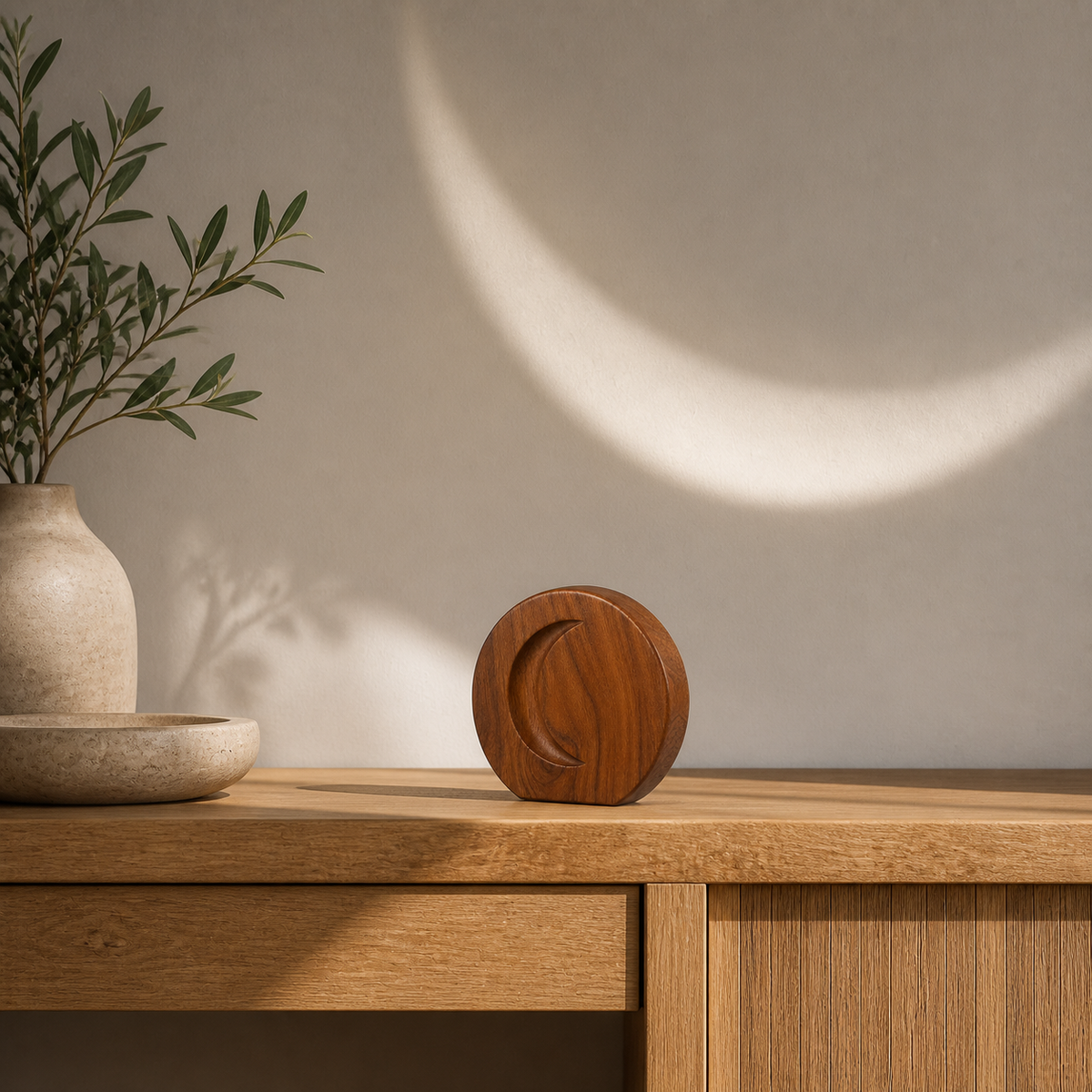 Crescent Token, teak wood tabletop sculpture — interior view