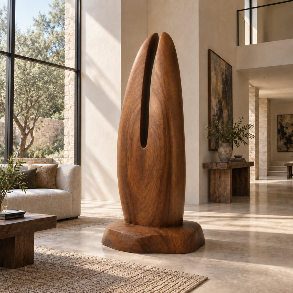 Split Pinnacle, teak wood floor sculpture — interior view